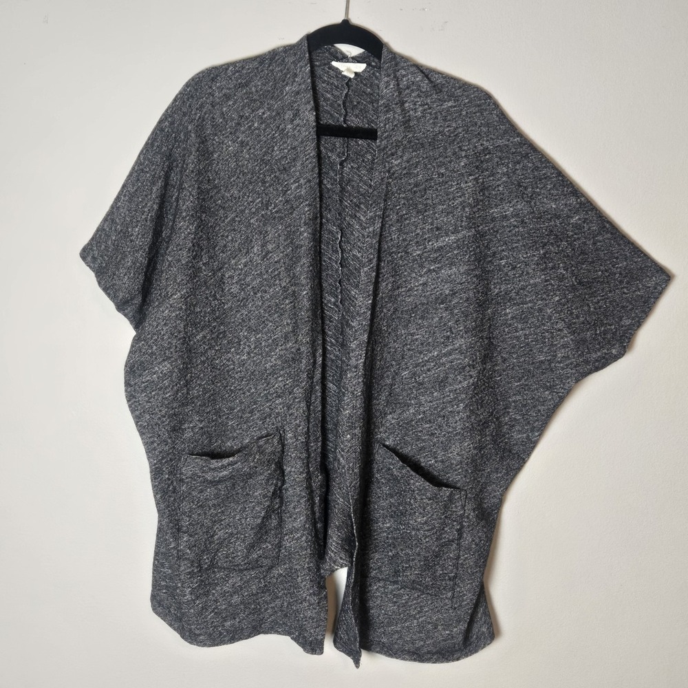 Eileen Fisher Open Front Cardigan Sweater Women L Gray Wool Blend Short Sleeve